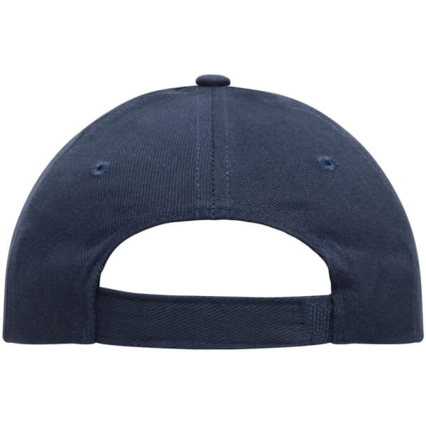 A navy blue 5 panel cap made of heavy cotton, featuring an adjustable strap at the back and a logo.