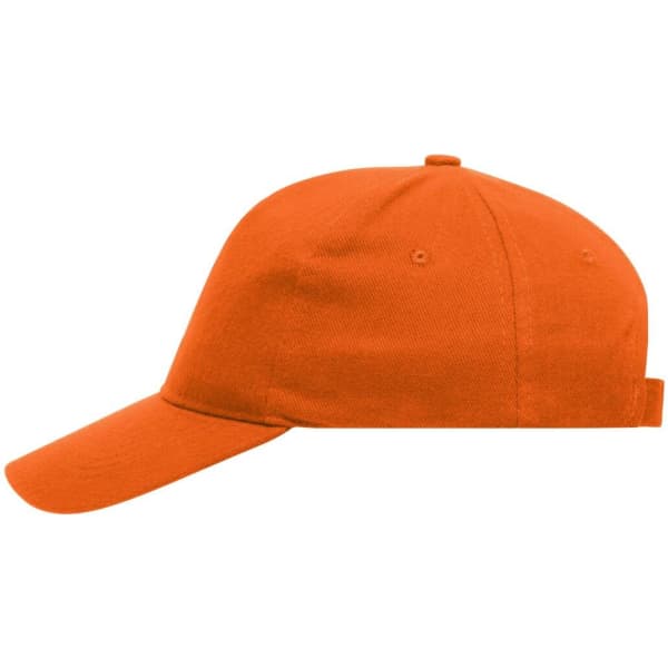 An orange 5 panel cap made of heavy cotton, featuring a logo on the front and an adjustable strap at the back.
