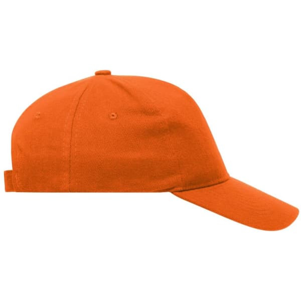 An orange 5 panel cap made of heavy cotton, featuring a back adjustable strap and a logo.