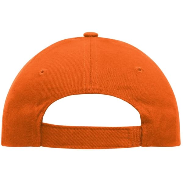An orange 5 Panel Cap with a rear adjustable strap and a button on top, featuring a logo.