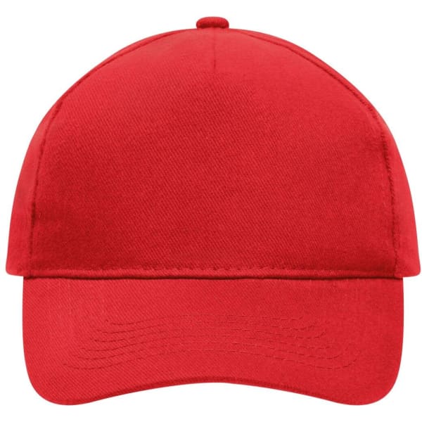 A red 5 panel cap made from heavy cotton, featuring a curved brim and a logo on the front.