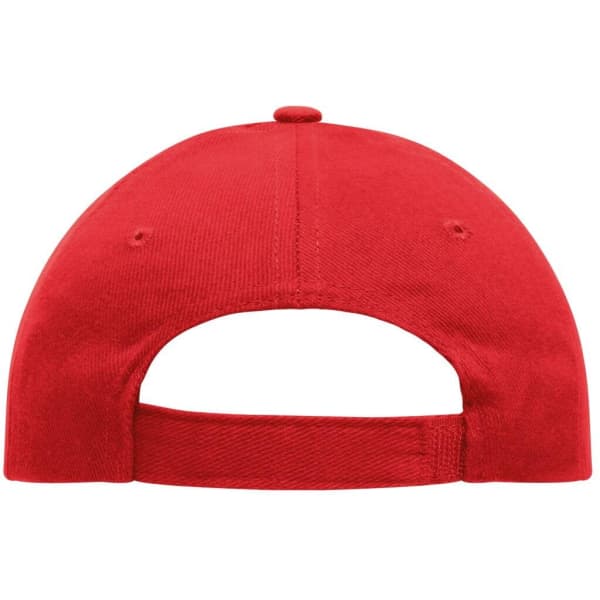 A red 5-panel cap made of heavy cotton, featuring an adjustable strap and a logo on the back.