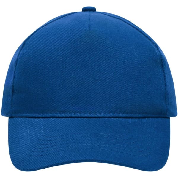A blue five-panel cap made of heavy cotton, featuring a logo on the front.