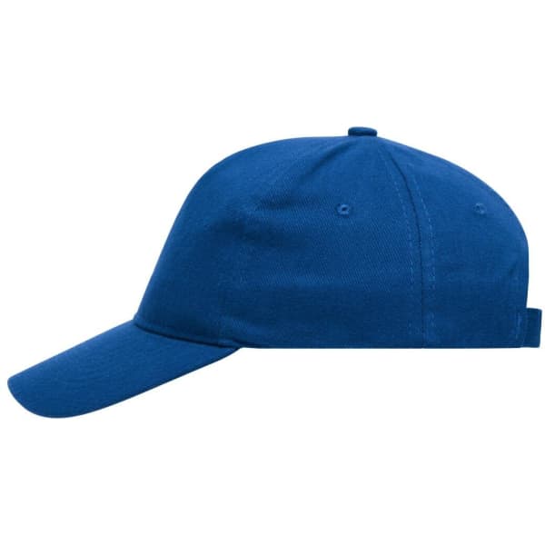 A blue heavy cotton 5 panel cap with a curved brim and adjustable strap, featuring a logo.