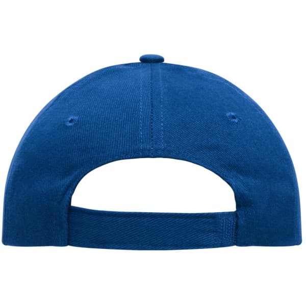 A blue 5-panel cap made from heavy cotton, featuring a rear adjustable strap and a logo.