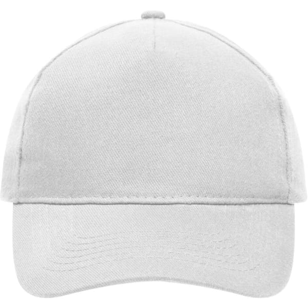 A white 5-panel cap made of heavy cotton, featuring a solid design and a front logo.