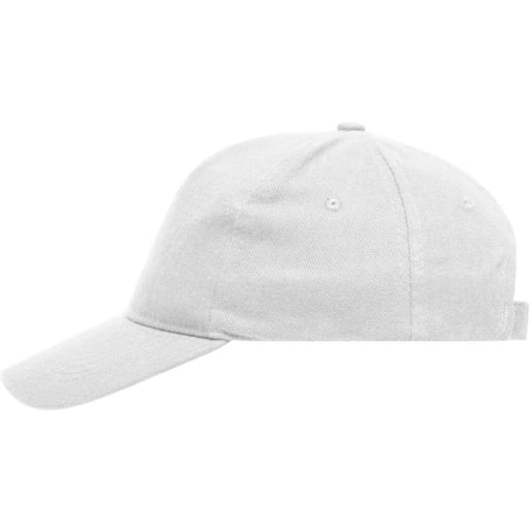 A white 5 panel cap made of heavy cotton featuring a logo on the front.