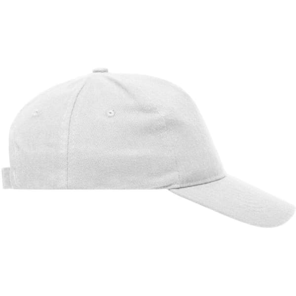 A white 5-panel cap made from heavy cotton, featuring a branded logo on the side.