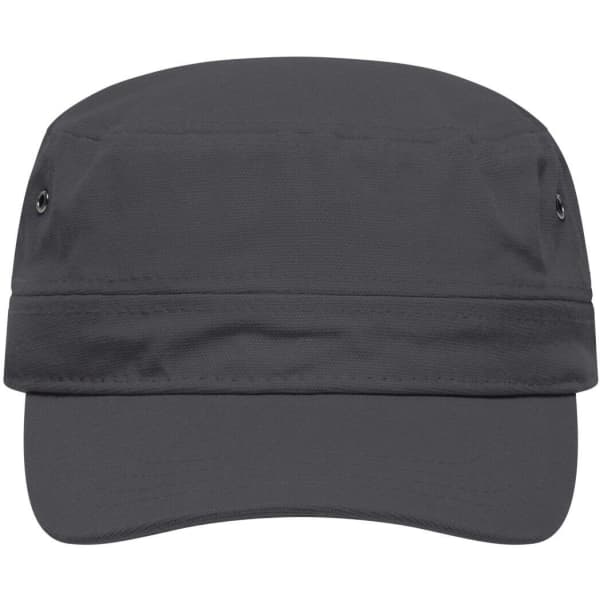 A military cap in dark grey with a flat brim and side ventilation holes. It features a logo on the front.