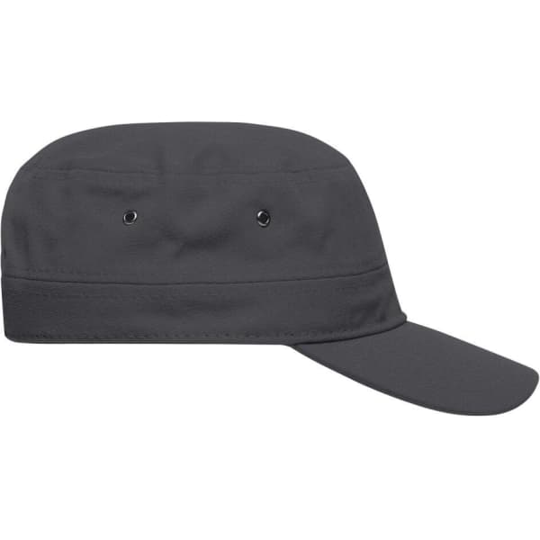 A military cap in dark grey, featuring a flat crown and a curved brim, with ventilation eyelets and a logo.