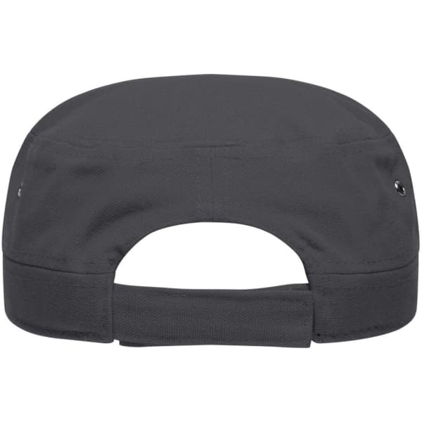 A black military cap featuring a back closure and ventilation eyelets. It has a logo on the side.