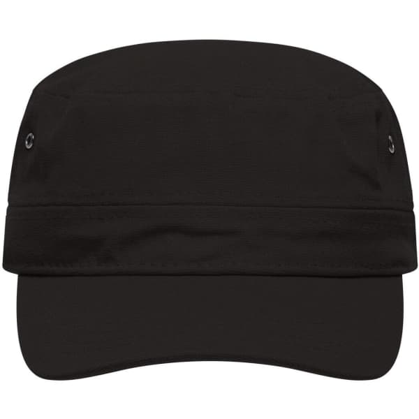 A black military cap featuring a flat crown and a short bill, with metal eyelets and a logo.