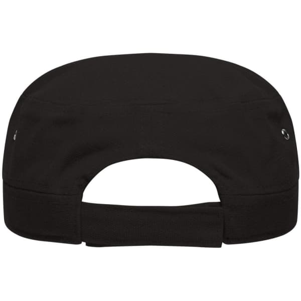 A black military cap featuring a rear adjustment strap and ventilation eyelets. It has a simple design and a logo.
