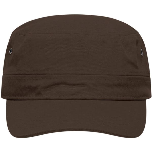 A military cap in dark brown with a curved visor and side ventilation holes, featuring a logo.