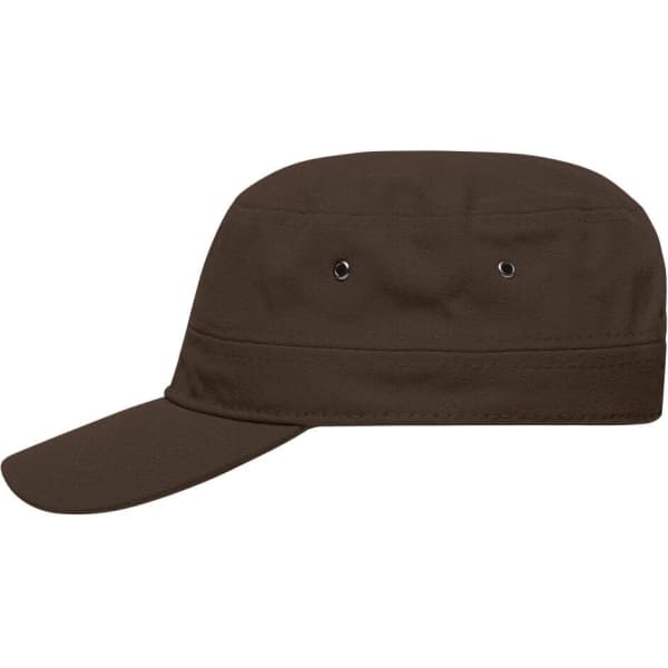 A military cap in dark brown with a flat brim and ventilation eyelets. Features a simple design and a logo.