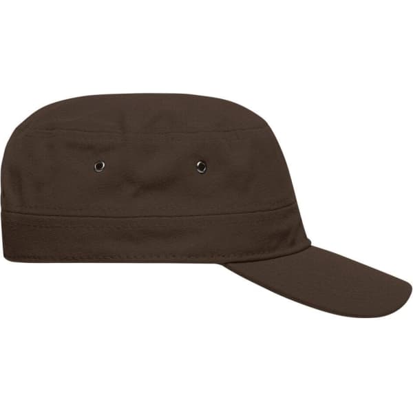 A brown military cap featuring a flat top and a curved brim, with ventilation eyelets and a logo.