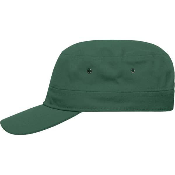 A military cap in dark green with ventilation holes and a flat brim, featuring a logo.