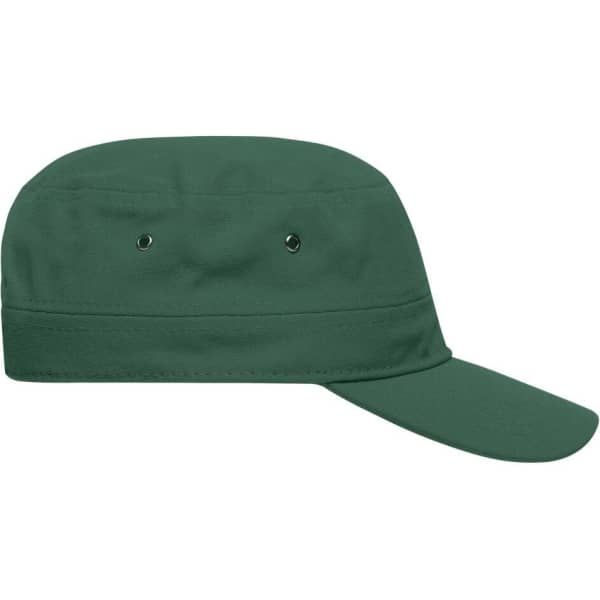A green military cap featuring a short crown and a long visor, with ventilation eyelets on the sides.