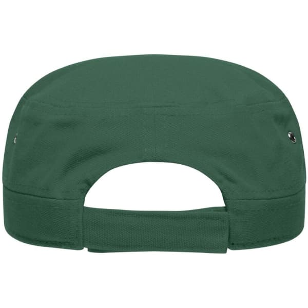 A military cap in dark green, featuring a rear adjustable strap and ventilation eyelets.