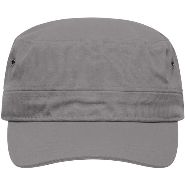 A grey military cap featuring a wide brim and side ventilation holes, with a logo on the front.