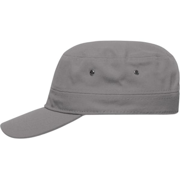 A grey military cap featuring a flat top and a curved brim, with ventilation eyelets on the sides.