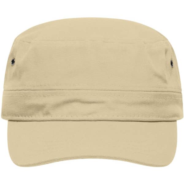 A military cap in khaki colour, featuring a flat brim and a branded logo on the front.