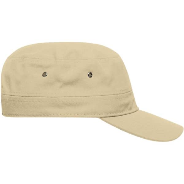 A beige military cap with a flat top and a curved brim, featuring ventilation holes on the sides.