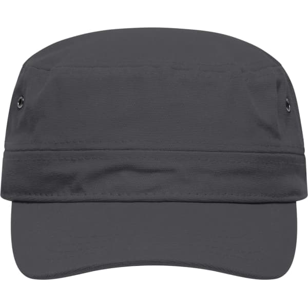 A military cap in dark grey with a structured visor and ventilation holes. Features a logo on the front.