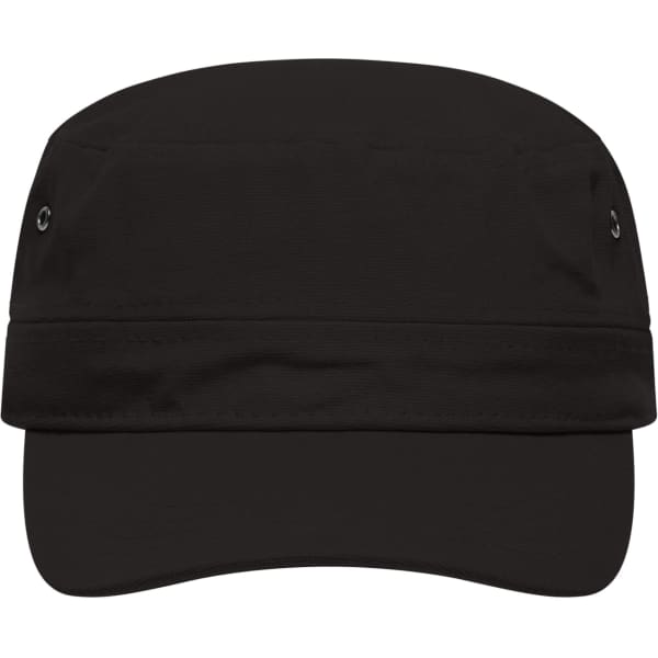 A black military cap with a rounded top and a wide brim. It features eyelets for ventilation and has a logo.