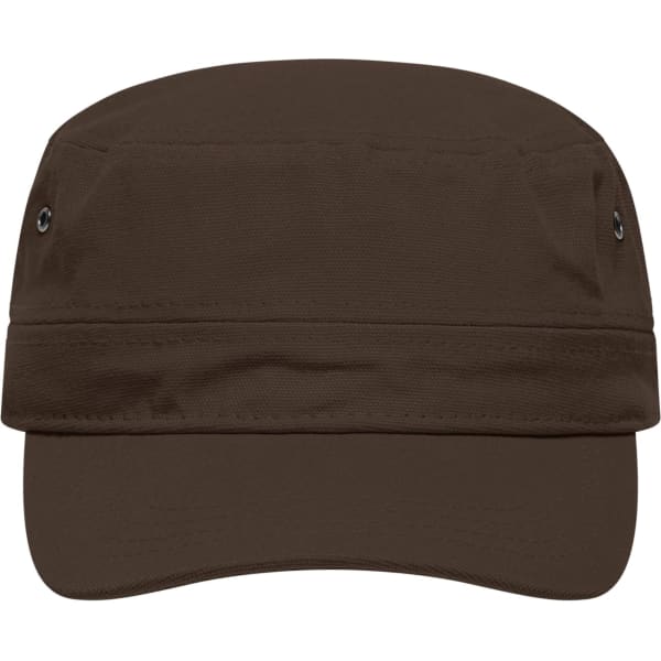 A military cap in a dark brown colour, featuring a flat brim and ventilation eyelets. It has a logo on the front.