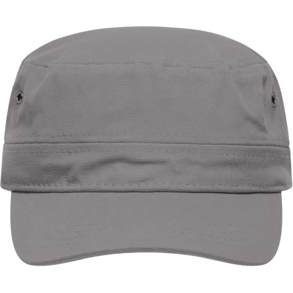 A grey military cap with a flat brim and side ventilation holes. It features a plain design with no visible logos.