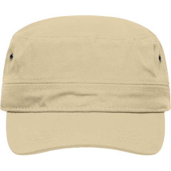 A military cap in a light beige colour featuring a flat brim and eyelets. It has a logo on the front.