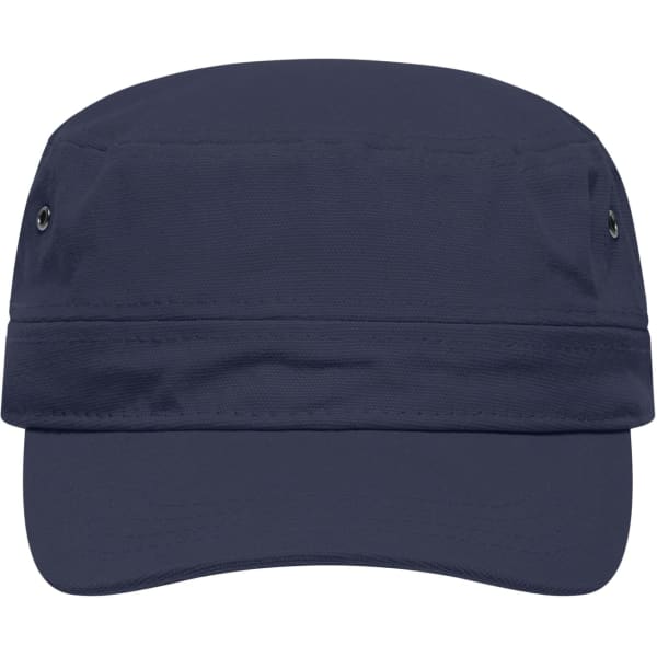 A military cap in navy blue featuring a flat brim and a structured design, with eyelets and a logo.