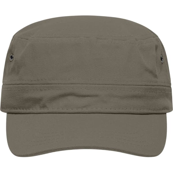 A military cap in olive green with a flat peak and side ventilation eyelets. Features a logo on the front.