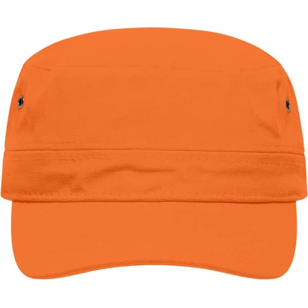 An orange military cap featuring a flat brim and eyelets for ventilation. It includes a logo on the front.