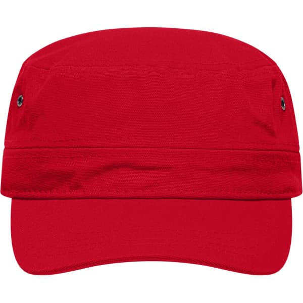 A red military cap featuring a wide brim and an adjustable size with ventilation holes. It has a logo on the front.