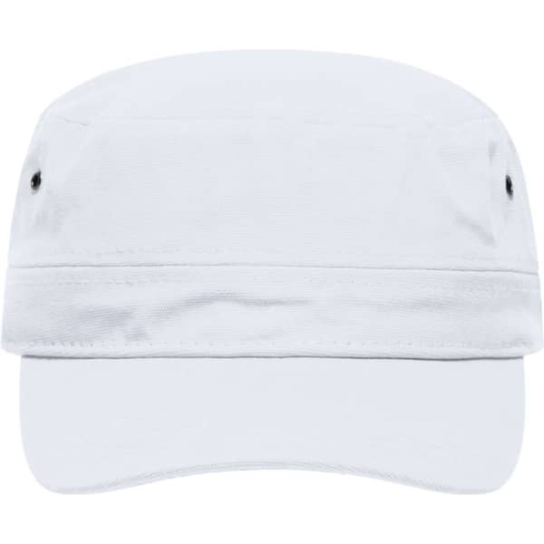 A white military cap with a flat brim and ventilation holes on the sides, featuring a logo.