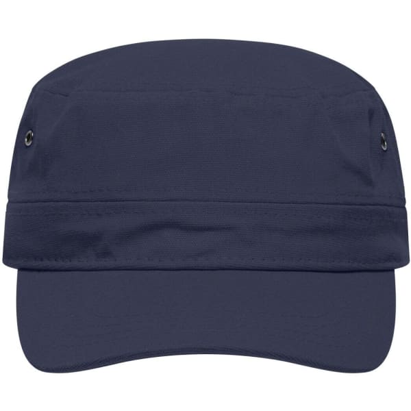 A navy military cap with a structured crown and a wide brim. It features ventilation grommets and includes a logo.