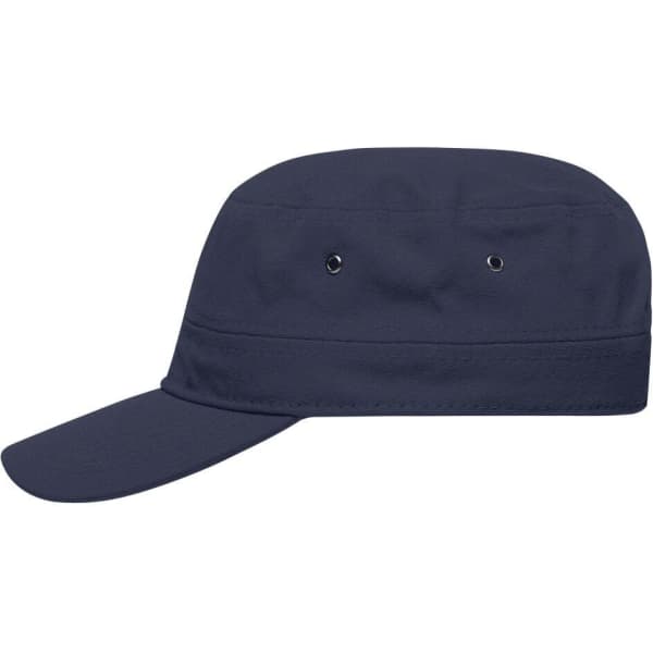 A military cap in navy blue with a flat brim and ventilation holes. Features branding on the side.