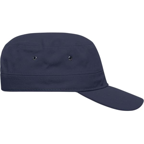 A navy military cap with a flat brim and eyelets for ventilation. Features a simple design with a branded logo.