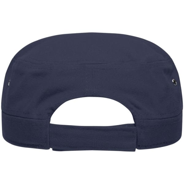 A navy military cap with a rear opening and ventilation holes, featuring a logo.