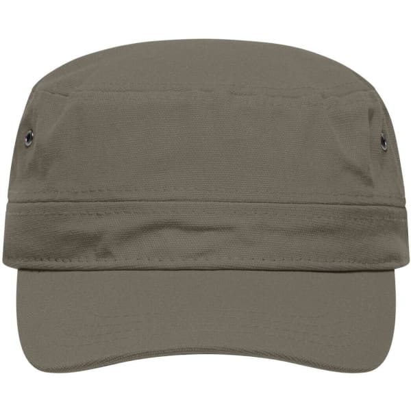 A military cap in olive green with a structured design and a peak. Features ventilation eyelets and a logo.