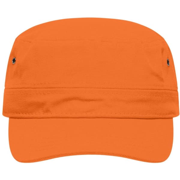 An orange military cap with a flat visor and a structured design, featuring small ventilation holes.