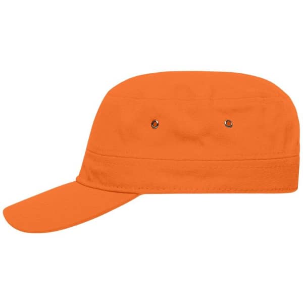 An orange military cap featuring a flat crown and a curved brim, with ventilation eyelets on the sides.