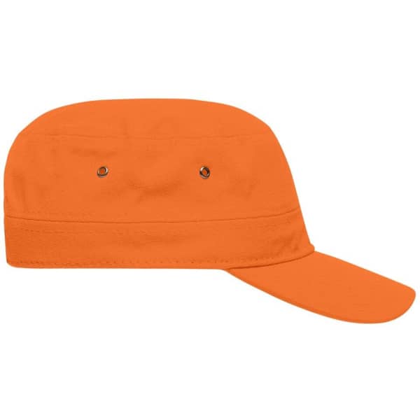 An orange military cap featuring a flat top and a curved brim, with eyelets for ventilation.