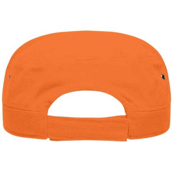 An orange military cap featuring a plain design and an adjustable strap at the back.
