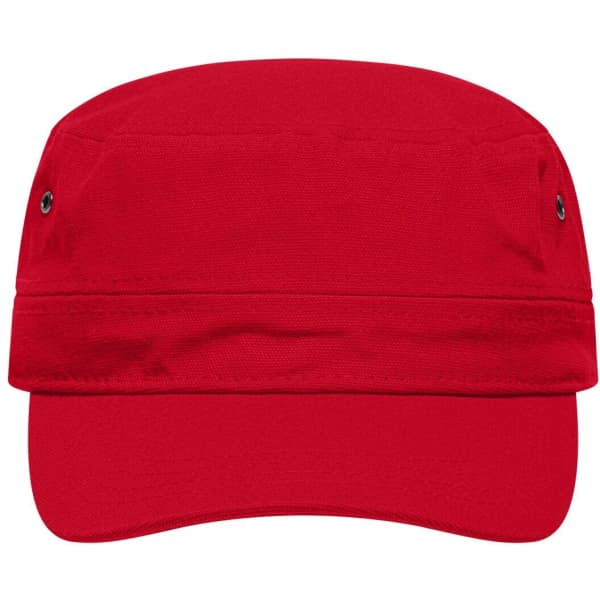 A red military cap featuring a sturdy brim and an adjustable design, with a logo on the front.