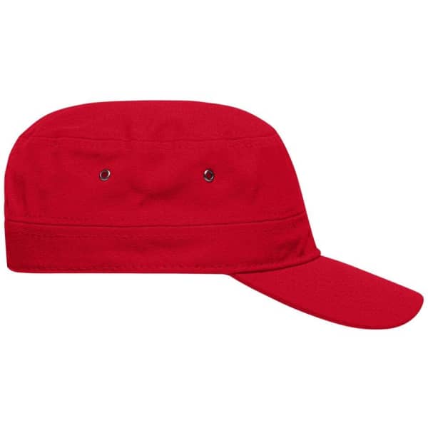A red military cap featuring a short visor and ventilation eyelets, with a logo on the side.