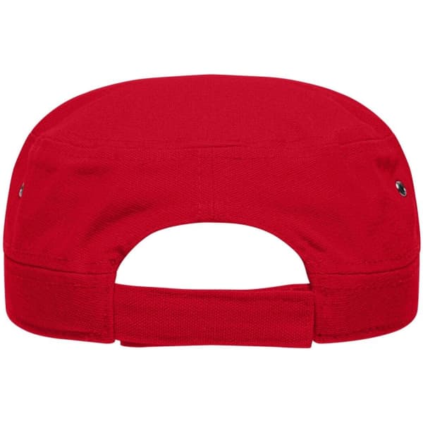 A red military cap with a back adjuster and ventilation eyelets. It features a branding logo.