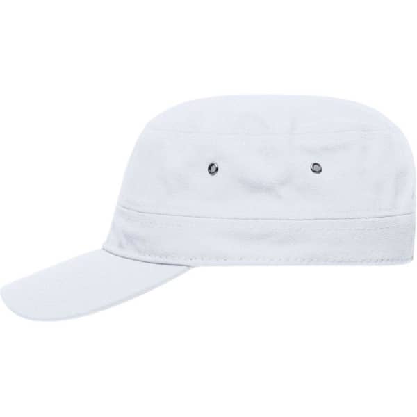 A white military cap featuring a flat brim and ventilation eyelets. It includes a logo on the side.